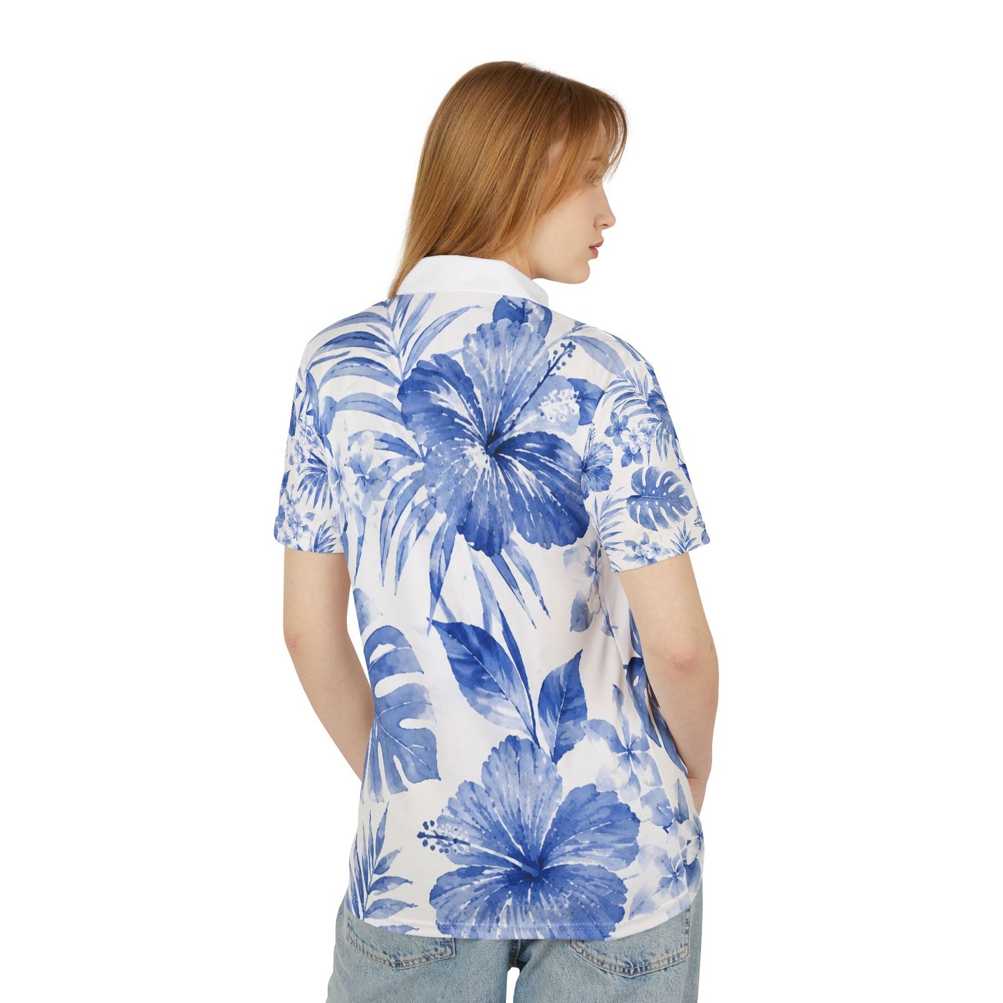 Blue Watercolor Tropical Hibiscus Polo