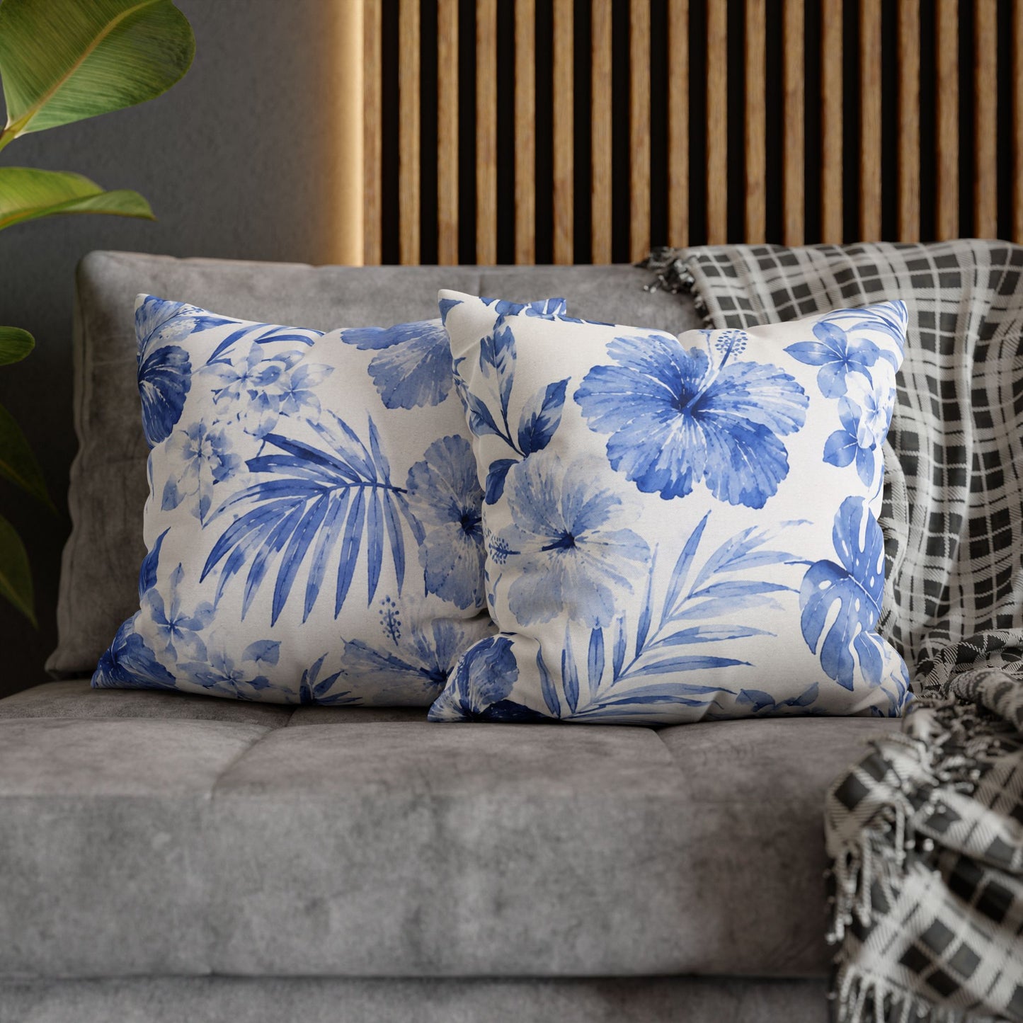 Blue Watercolor Hibiscus Pillowcase | Square Throw Pillow Cover
