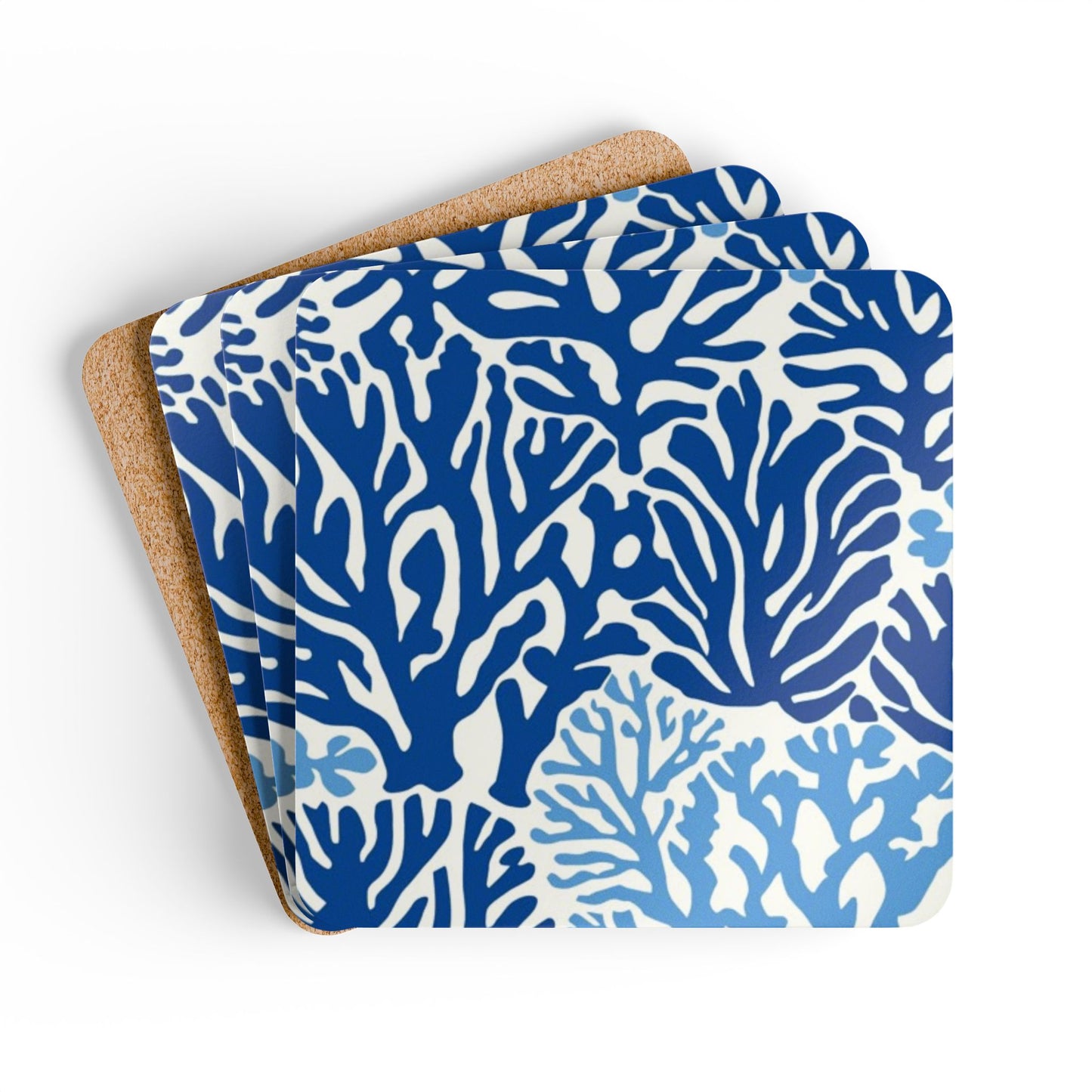 Blue Coral Pattern Coaster hardboard coaster | marine coral design, cork bottom, set of 4
