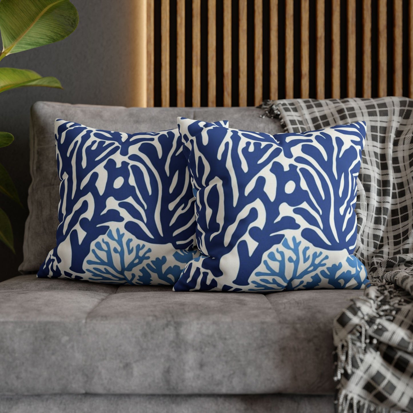 Blue Coral Pattern Square Pillowcase | Coastal Nautical Home Decor