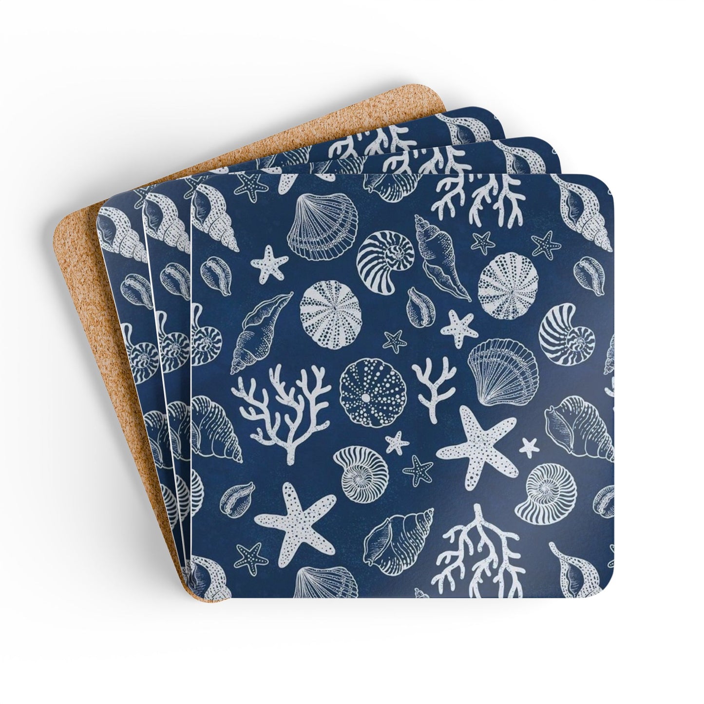 Navy Seashell Pattern Coasters Hardboard Cork Back