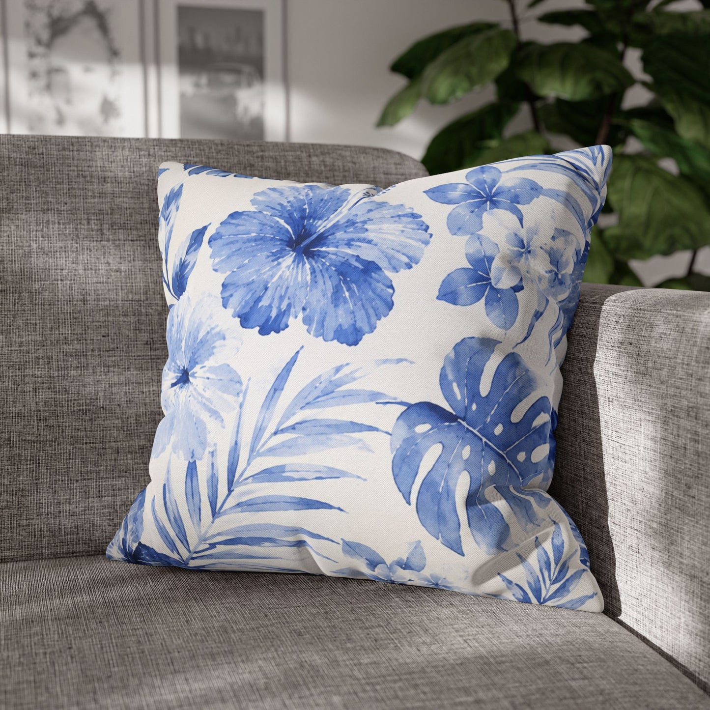 Blue Watercolor Hibiscus Pillowcase | Square Throw Pillow Cover
