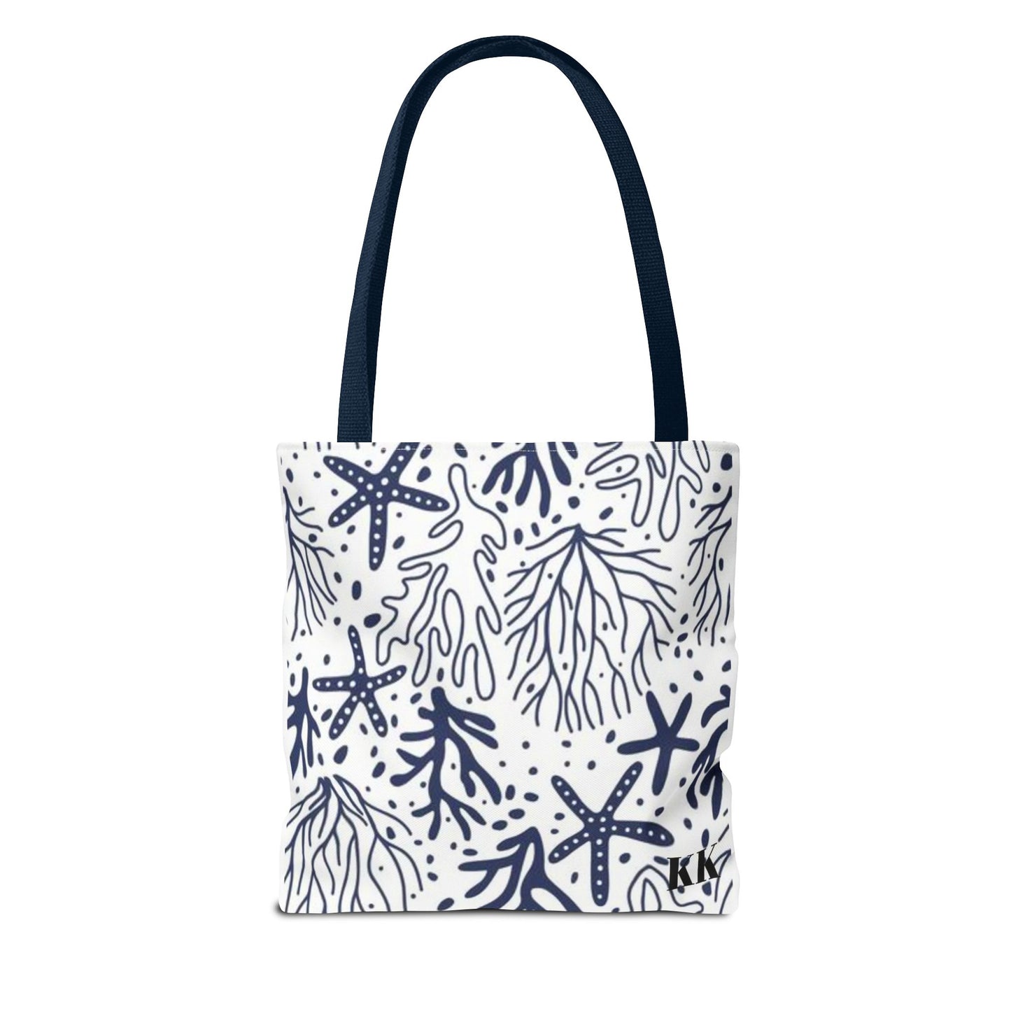 Navy Seashell & Starfish Tote Bag — Nautical Beach Pattern AOP Tote