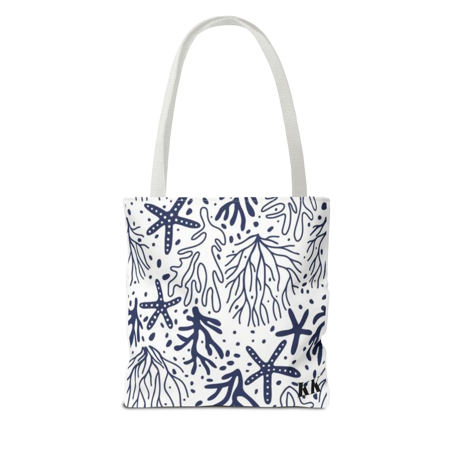 Navy Seashell & Starfish Tote Bag — Nautical Beach Pattern AOP Tote