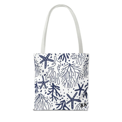 Navy Seashell & Starfish Tote Bag — Nautical Beach Pattern AOP Tote