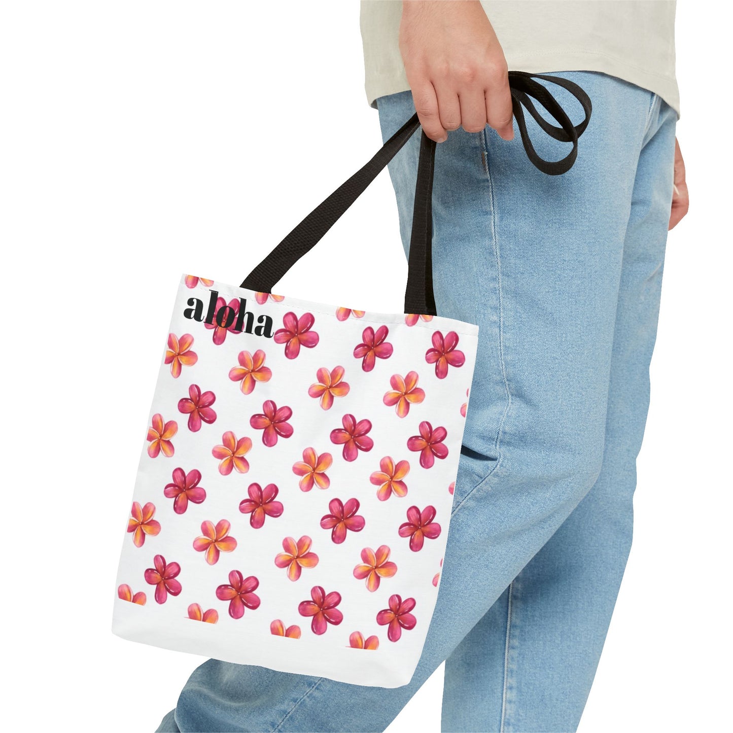 Aloha Floral Tote Bag — Pink Plumeria Pattern Canvas Tote