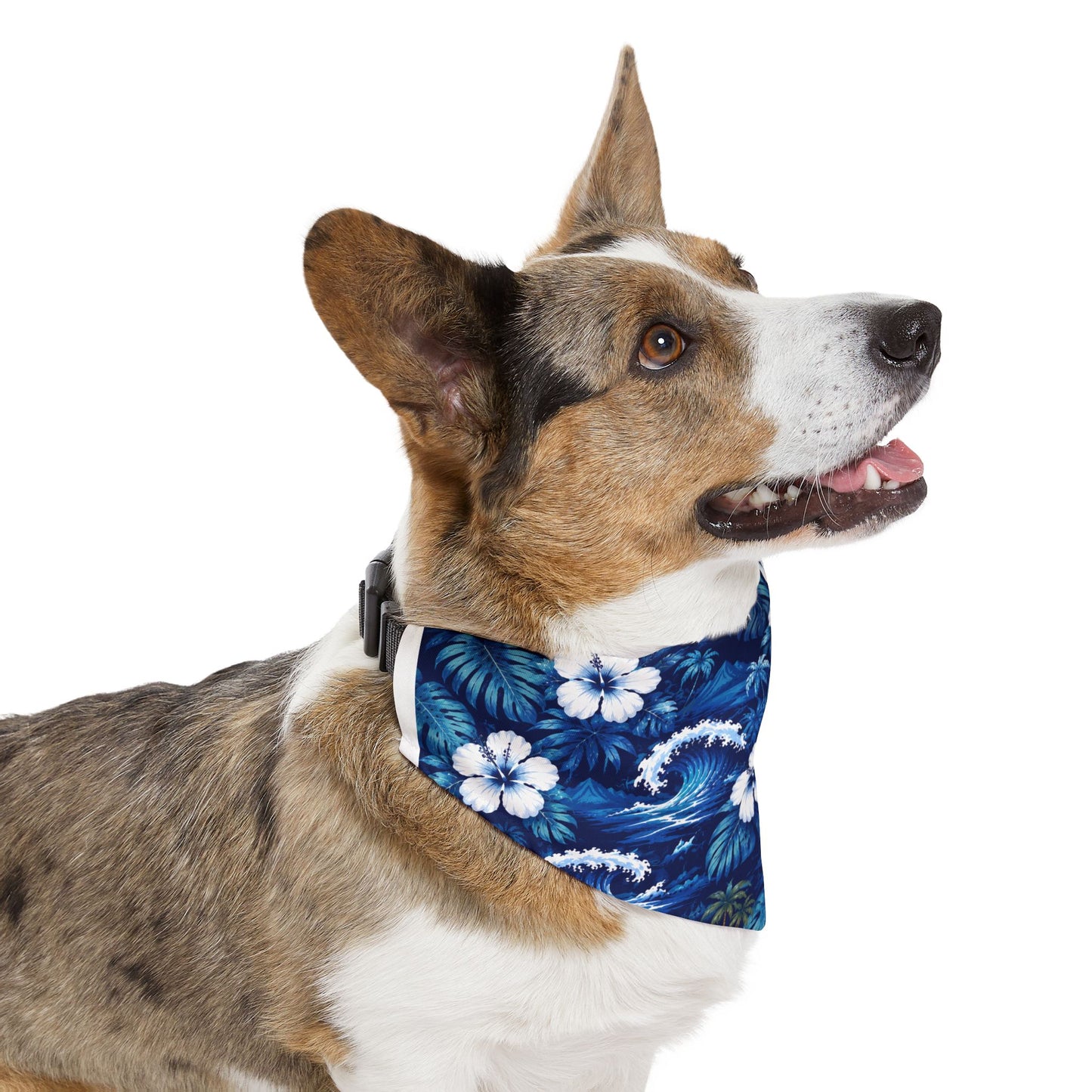 Hawaiian Floral Pet Bandana Collar — Blue Tropical Hibiscus Dog Bandana