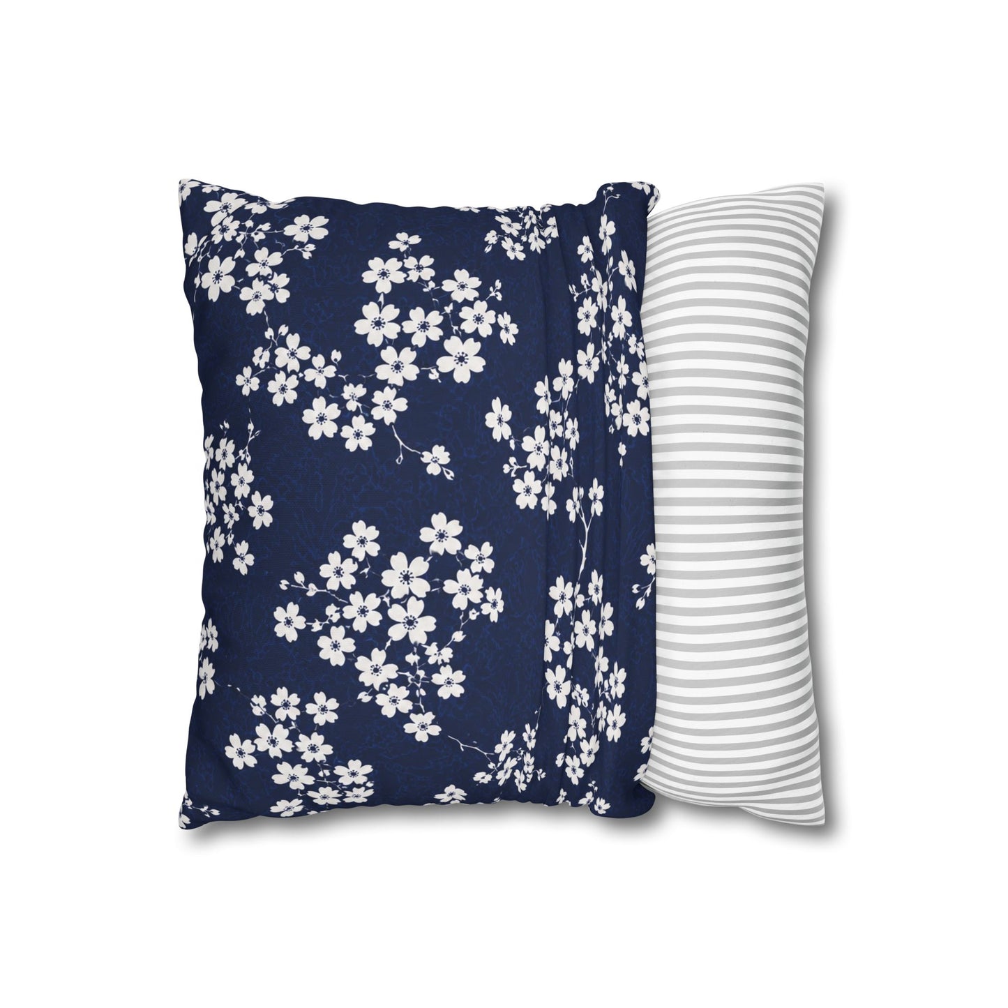 Navy Cherry Blossom Square Pillowcase — Floral Decorative Throw Pillow Cover
