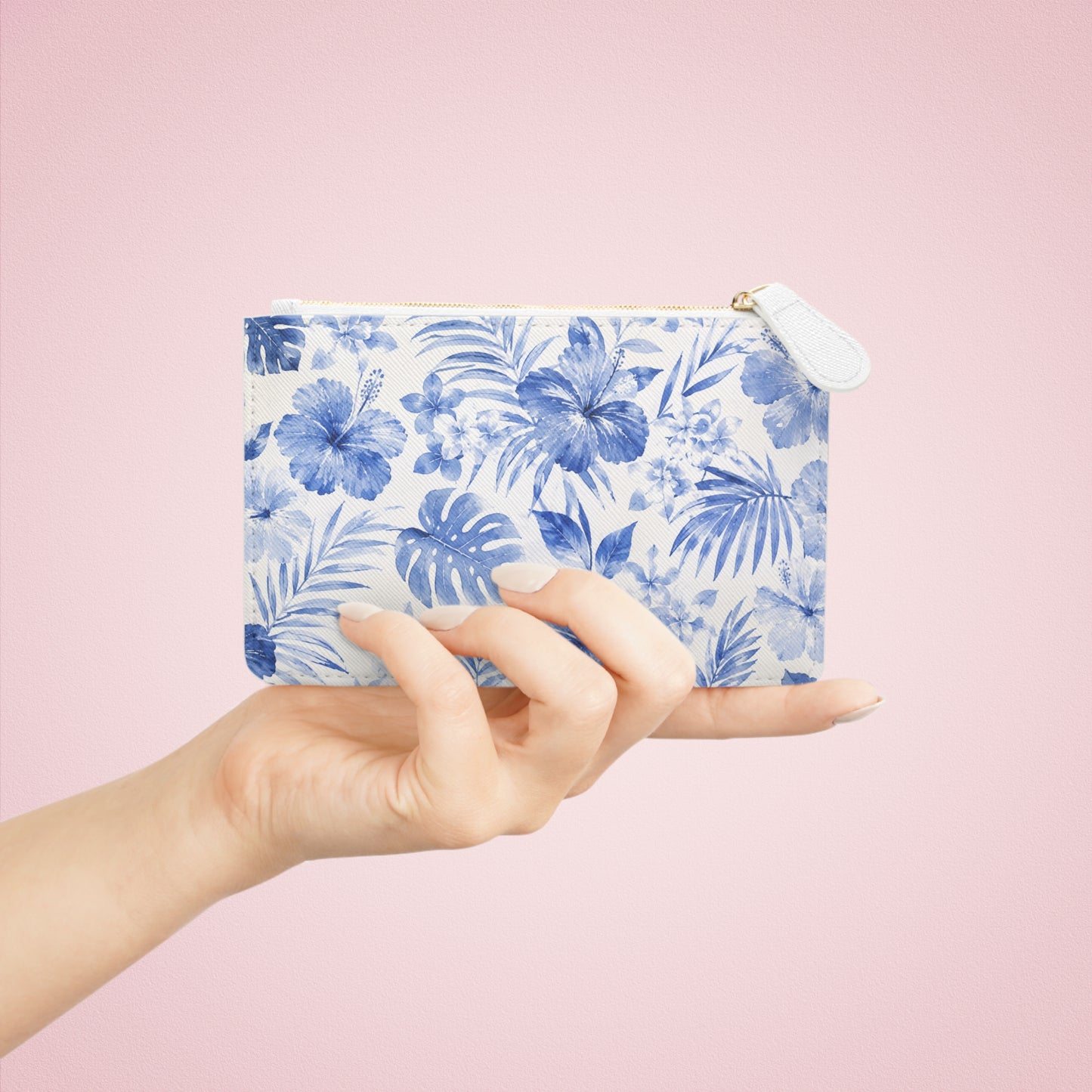 Blue Watercolor Hibiscus Mini Clutch Bag | Tropical Floral Zipper Pouch