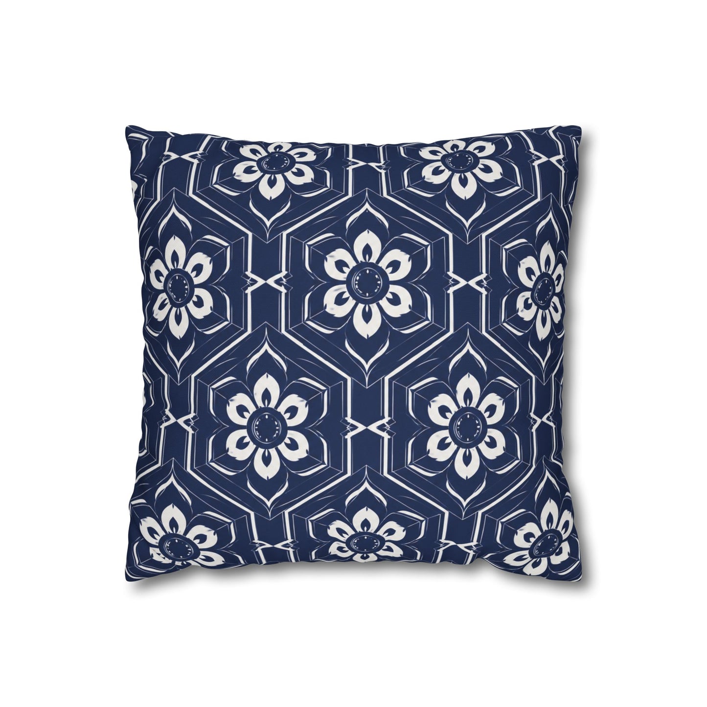 Navy Tile Floral Pillowcase — Square Decorative Throw Pillow Cover