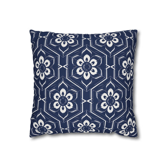 Navy Tile Floral Pillowcase — Square Decorative Throw Pillow Cover