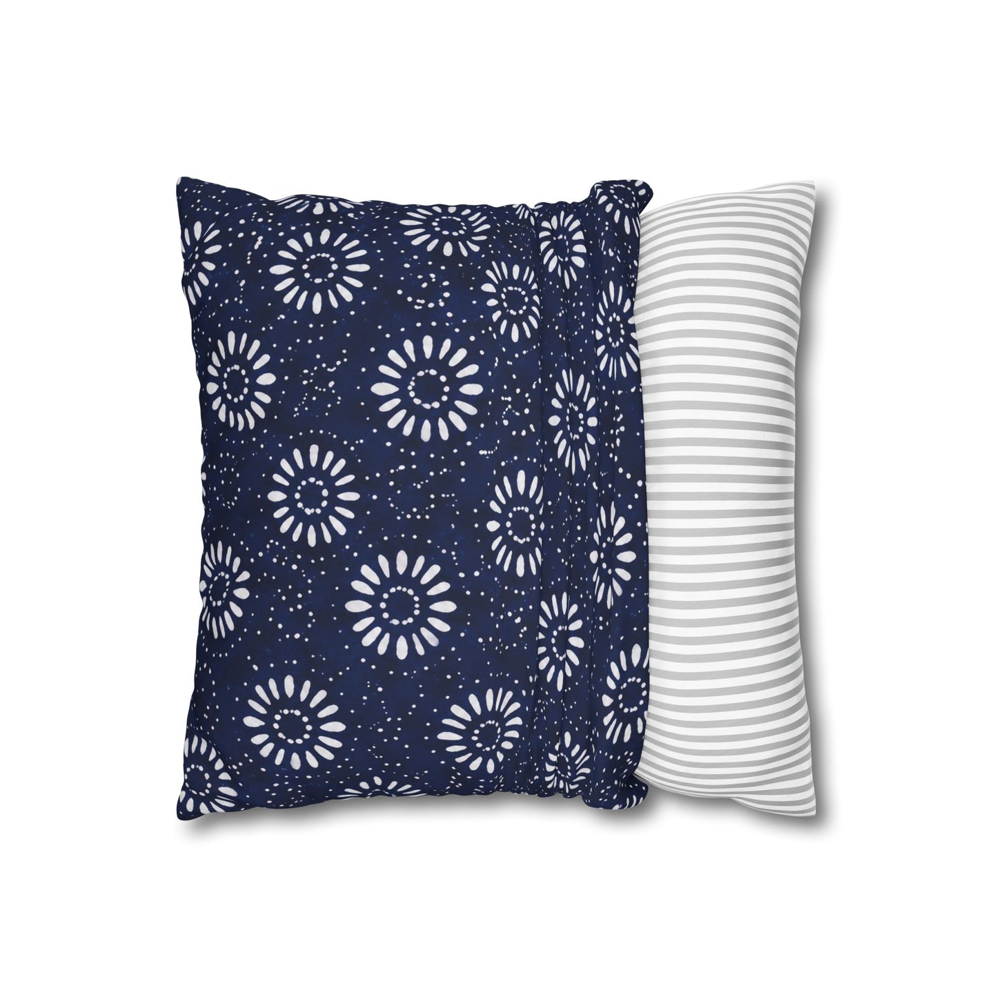 Navy Shibori Floral Square Pillowcase — Boho Coastal Decorative Cushion Cover