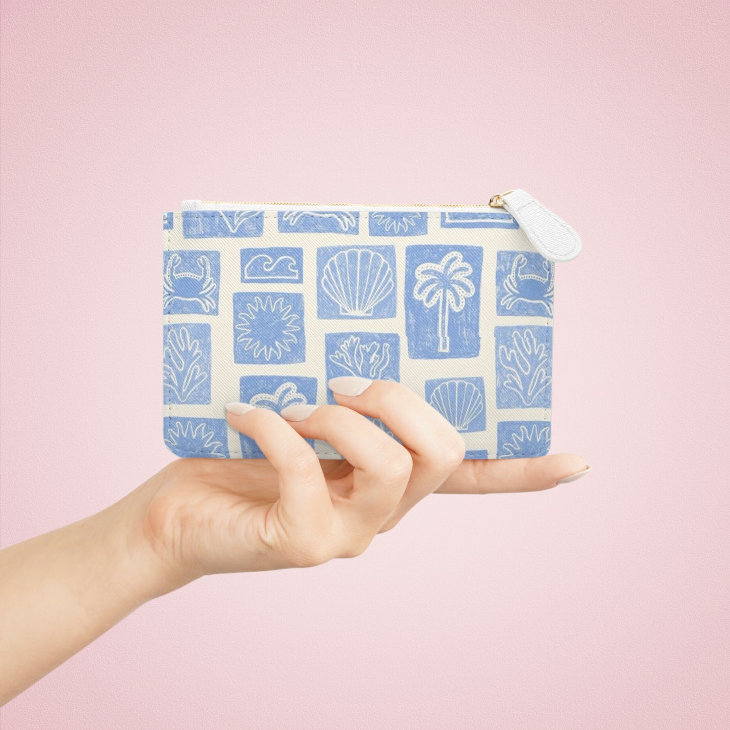 Blue Beach Motif Mini Clutch Bag | Seashell Palm Pattern, Summer Accessory