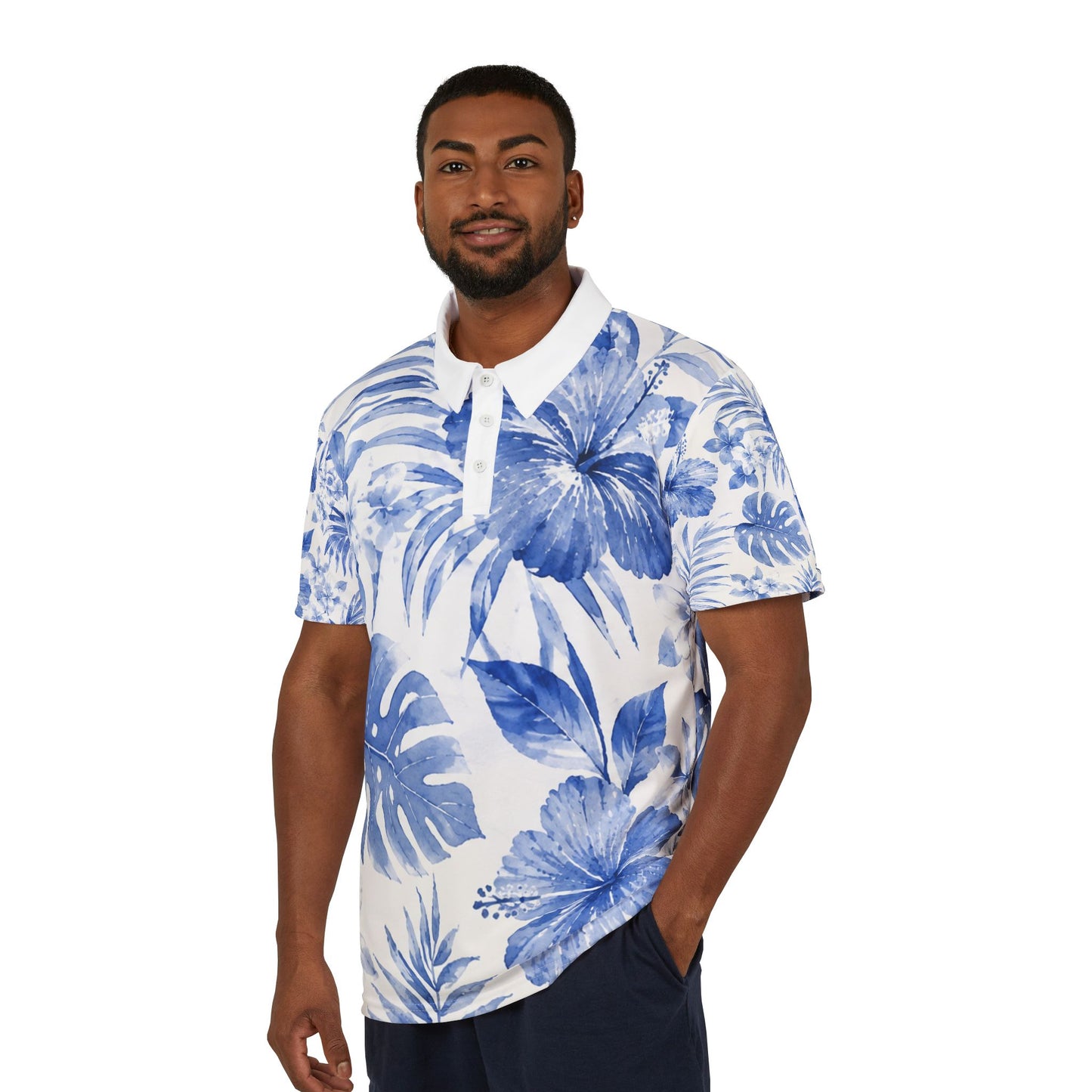 Blue Watercolor Tropical Hibiscus Polo