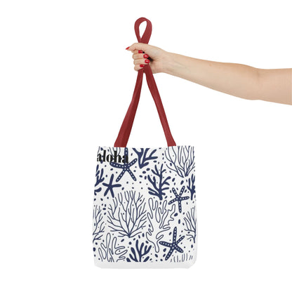 Navy Seashell & Starfish Tote Bag — Nautical Beach Pattern AOP Tote