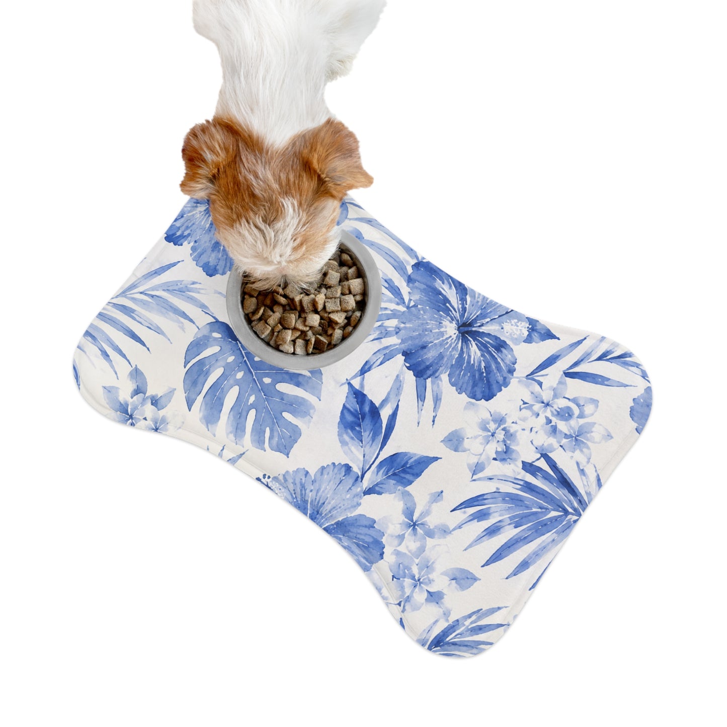 Blue Watercolor Tropical Floral Pet Feeding Mat | Bone-Shaped Placemat