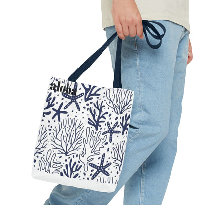 Navy Seashell & Starfish Tote Bag — Nautical Beach Pattern AOP Tote