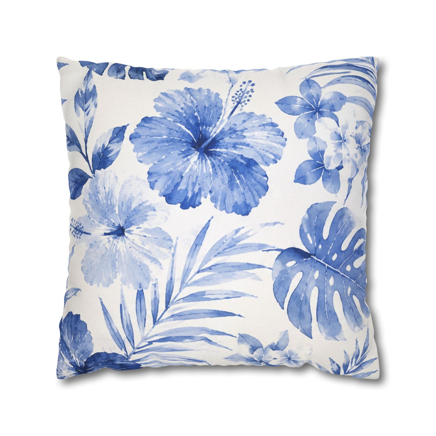 Blue Watercolor Hibiscus Pillowcase | Square Throw Pillow Cover