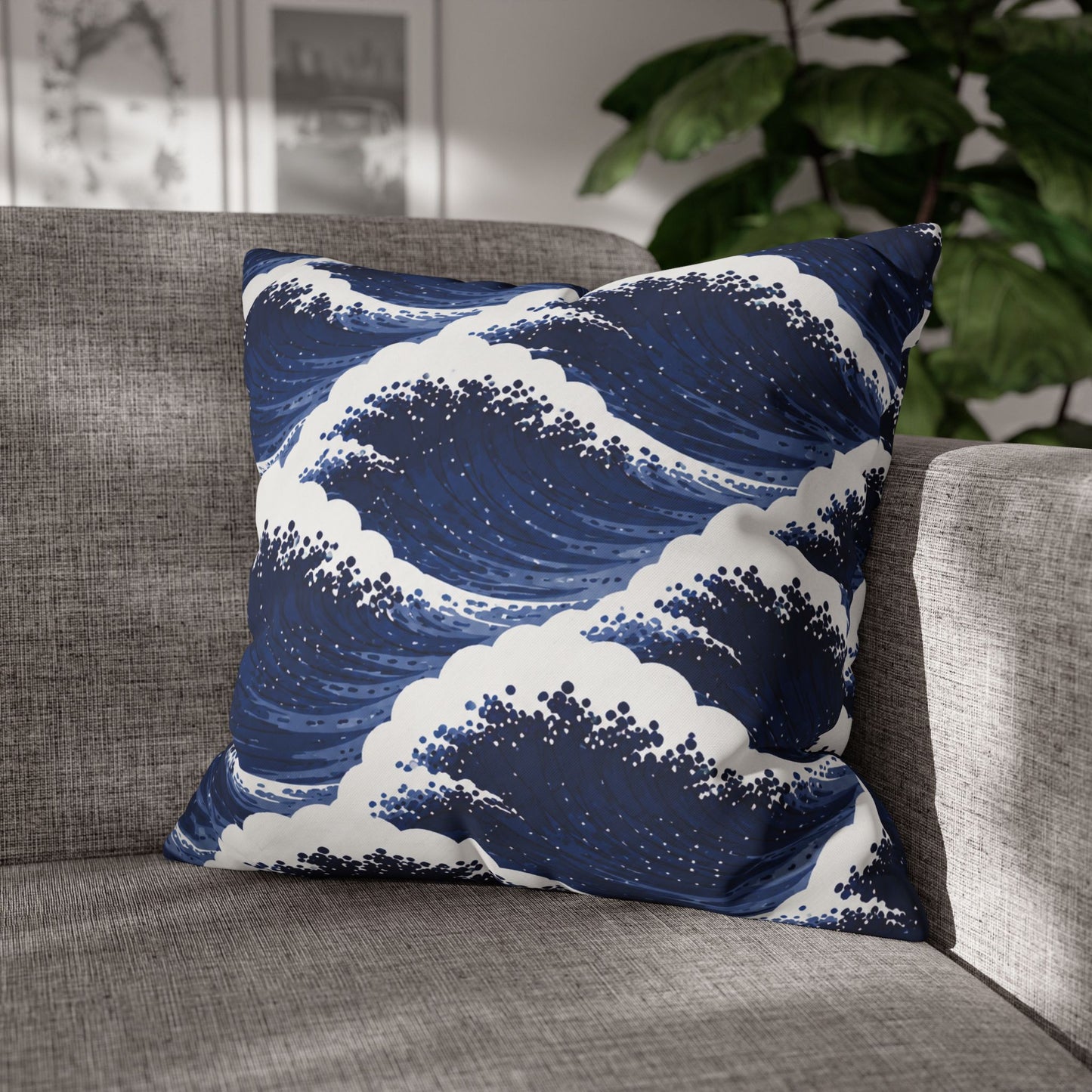 Navy Wave Pattern Square Pillowcase | Ocean Waves Throw Pillow Cover
