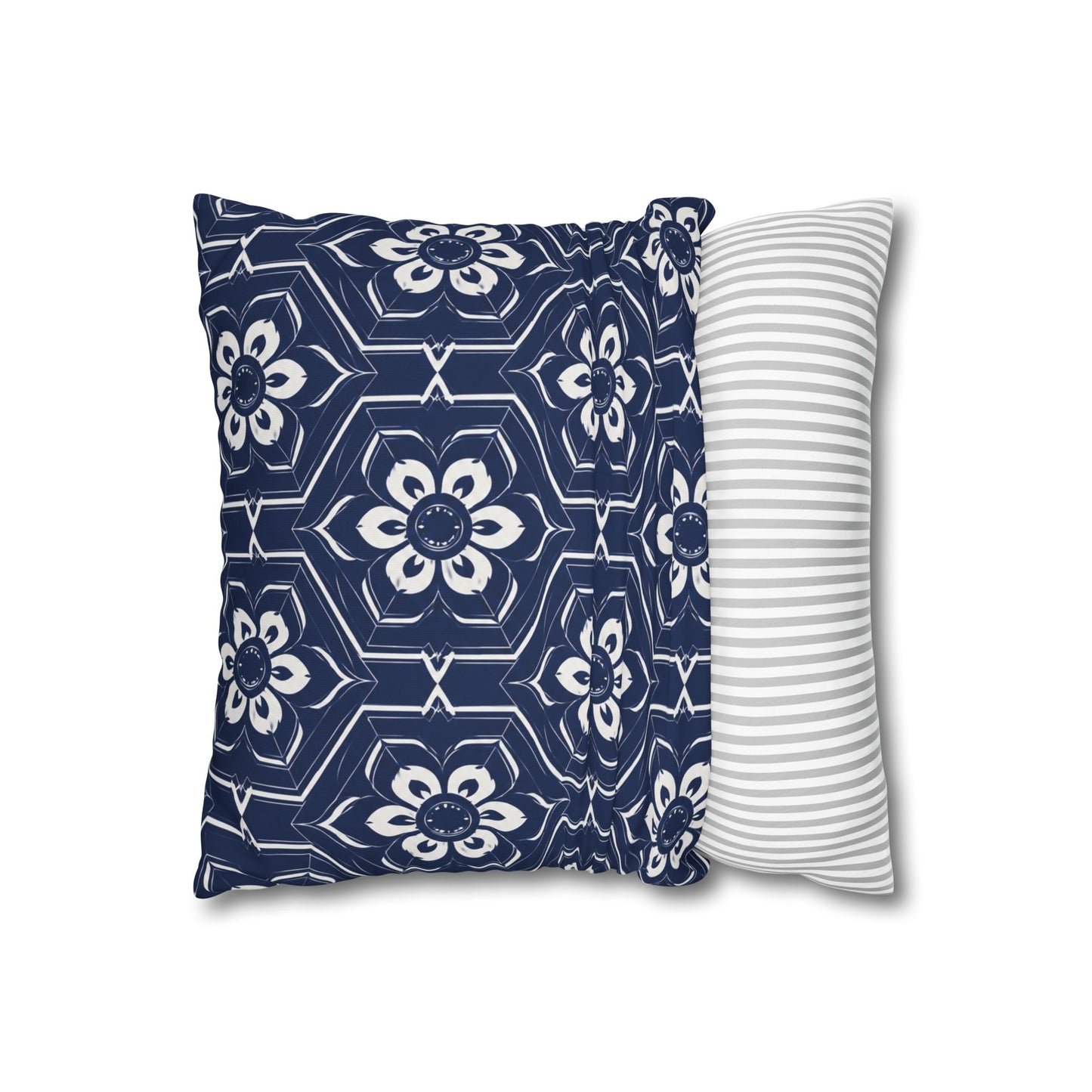 Navy Tile Floral Pillowcase — Square Decorative Throw Pillow Cover