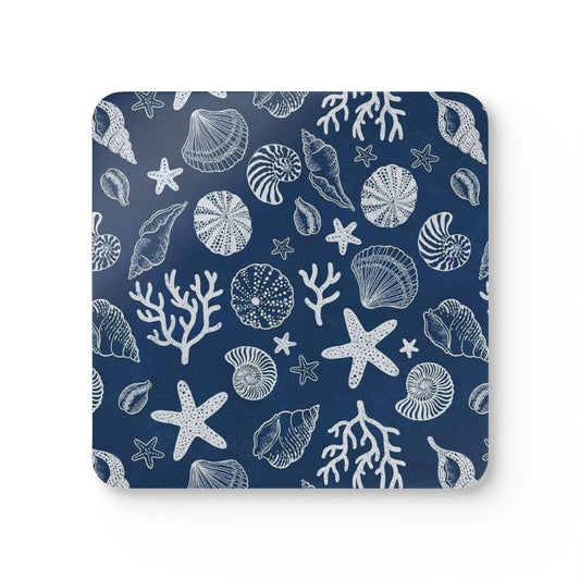 Navy Seashell Pattern Coasters Hardboard Cork Back