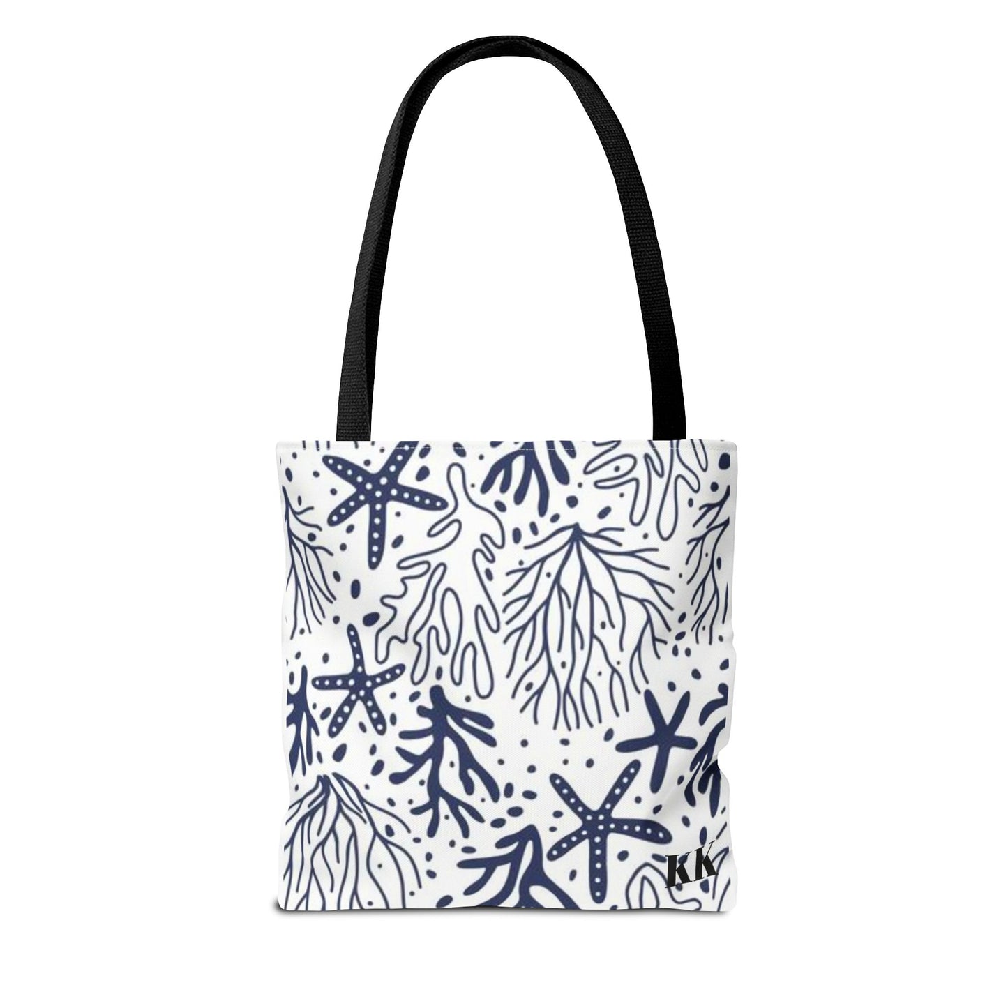 Navy Seashell & Starfish Tote Bag — Nautical Beach Pattern AOP Tote