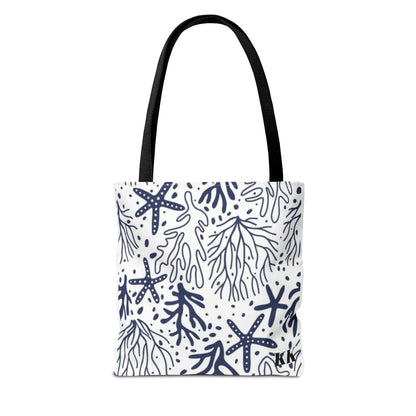 Navy Seashell & Starfish Tote Bag — Nautical Beach Pattern AOP Tote