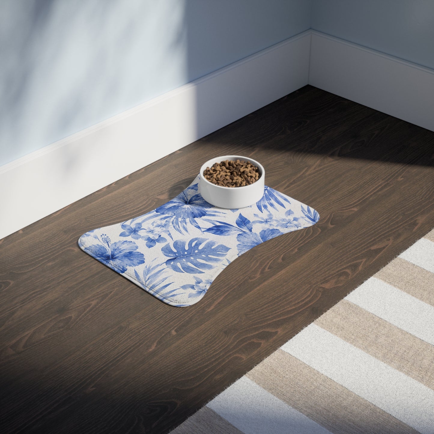 Blue Watercolor Tropical Floral Pet Feeding Mat | Bone-Shaped Placemat