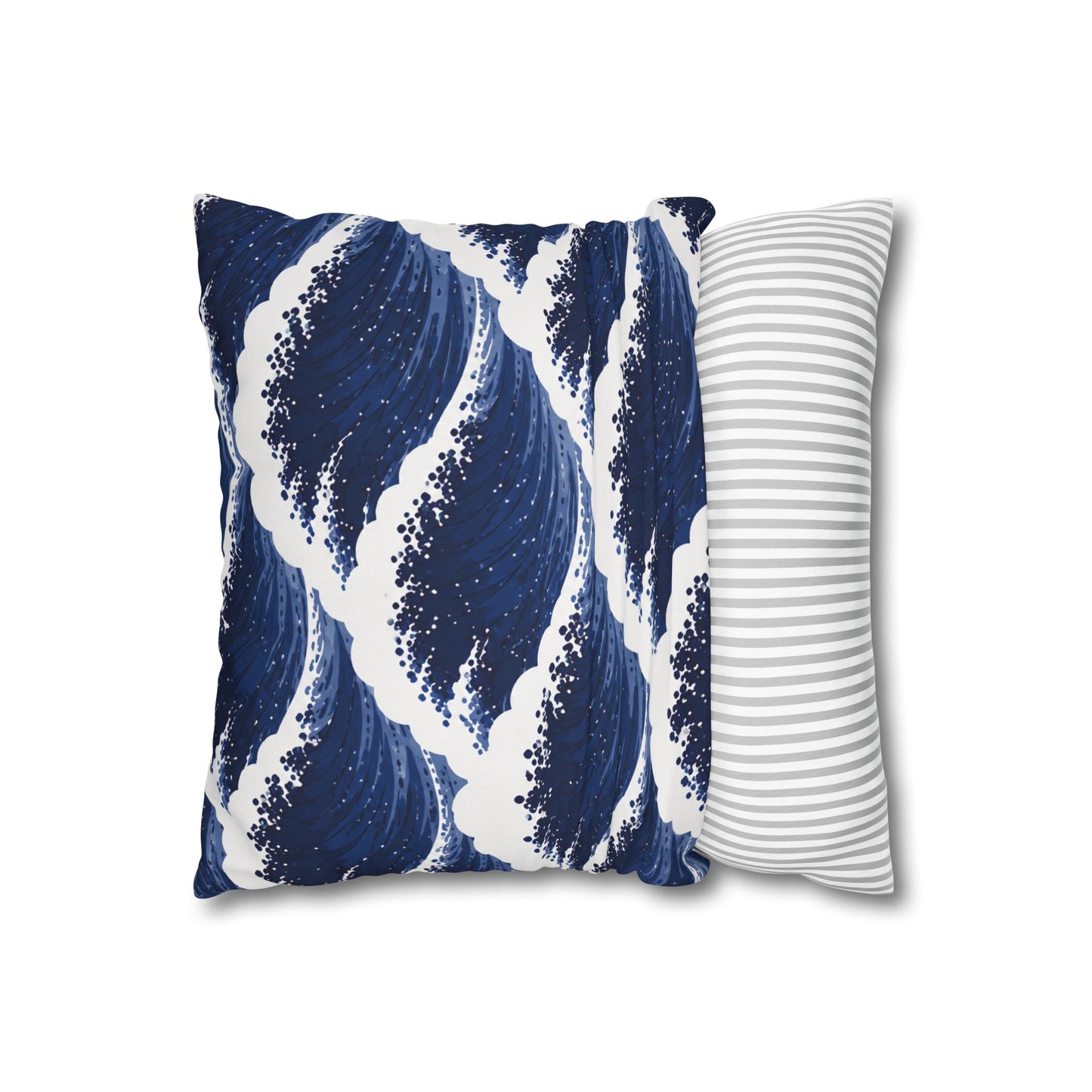Navy Wave Pattern Square Pillowcase — Coastal Blue Throw Pillow Cover
