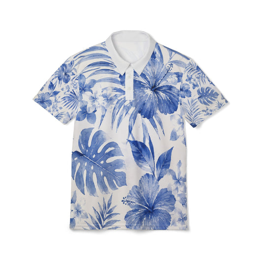 Blue Watercolor Tropical Hibiscus Polo