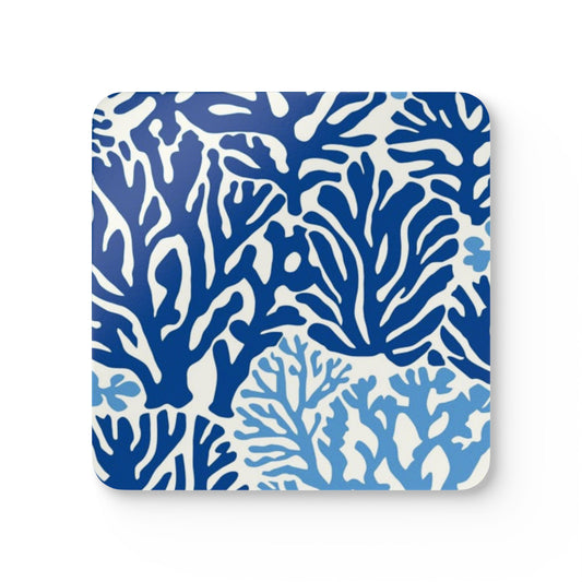 Blue Coral Pattern Coaster hardboard coaster | marine coral design, cork bottom, set of 4