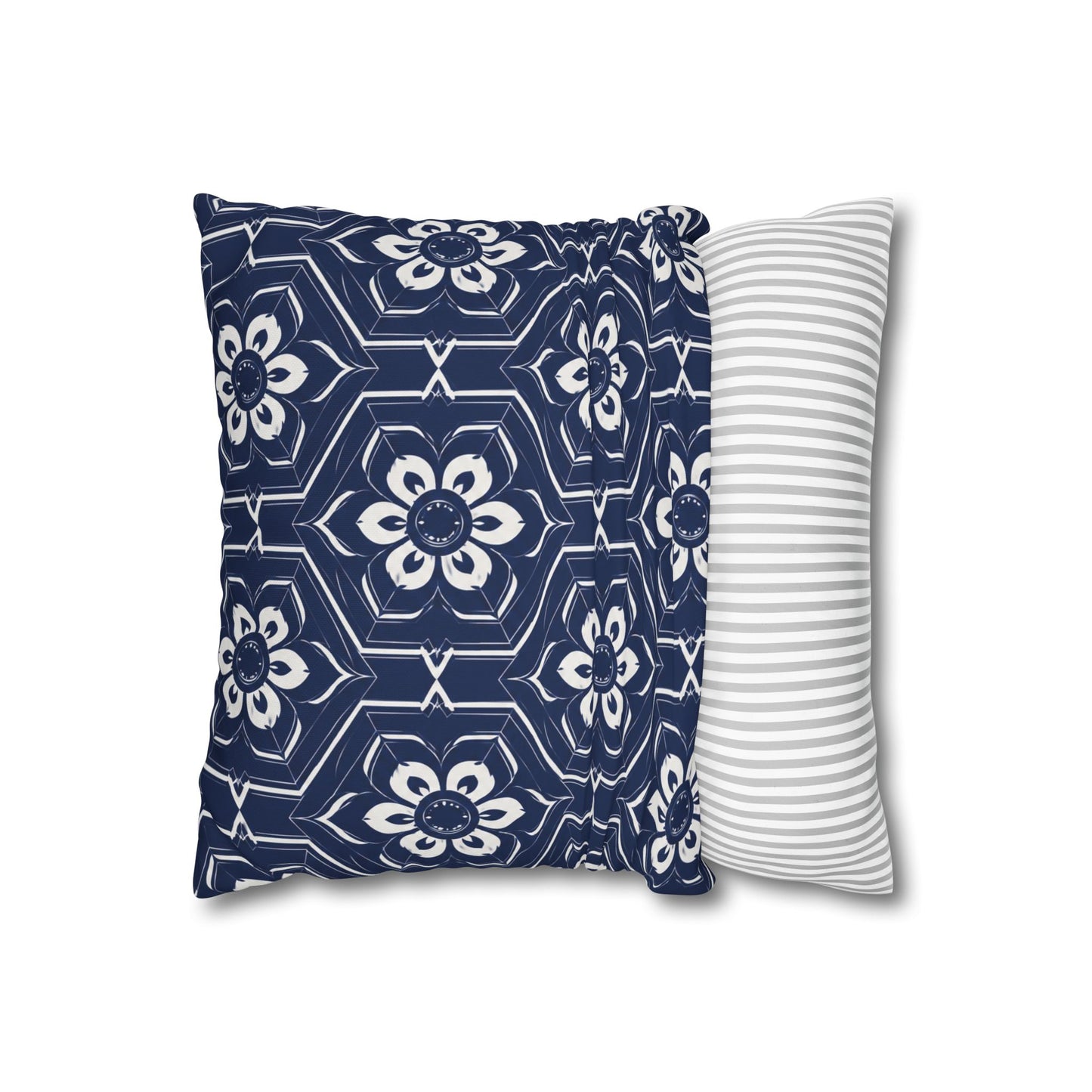 Navy Tile Floral Pillowcase — Square Decorative Throw Pillow Cover
