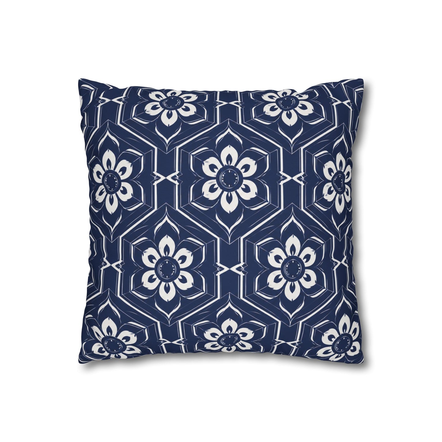 Navy Tile Floral Pillowcase — Square Decorative Throw Pillow Cover