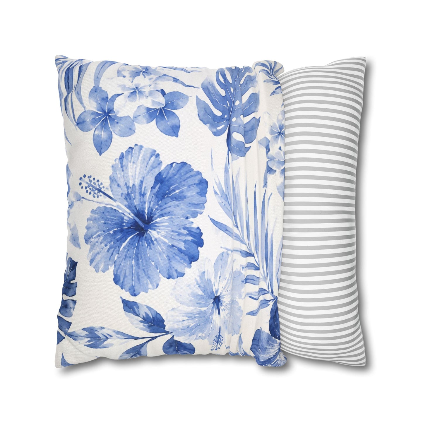 Blue Watercolor Hibiscus Pillowcase | Square Throw Pillow Cover