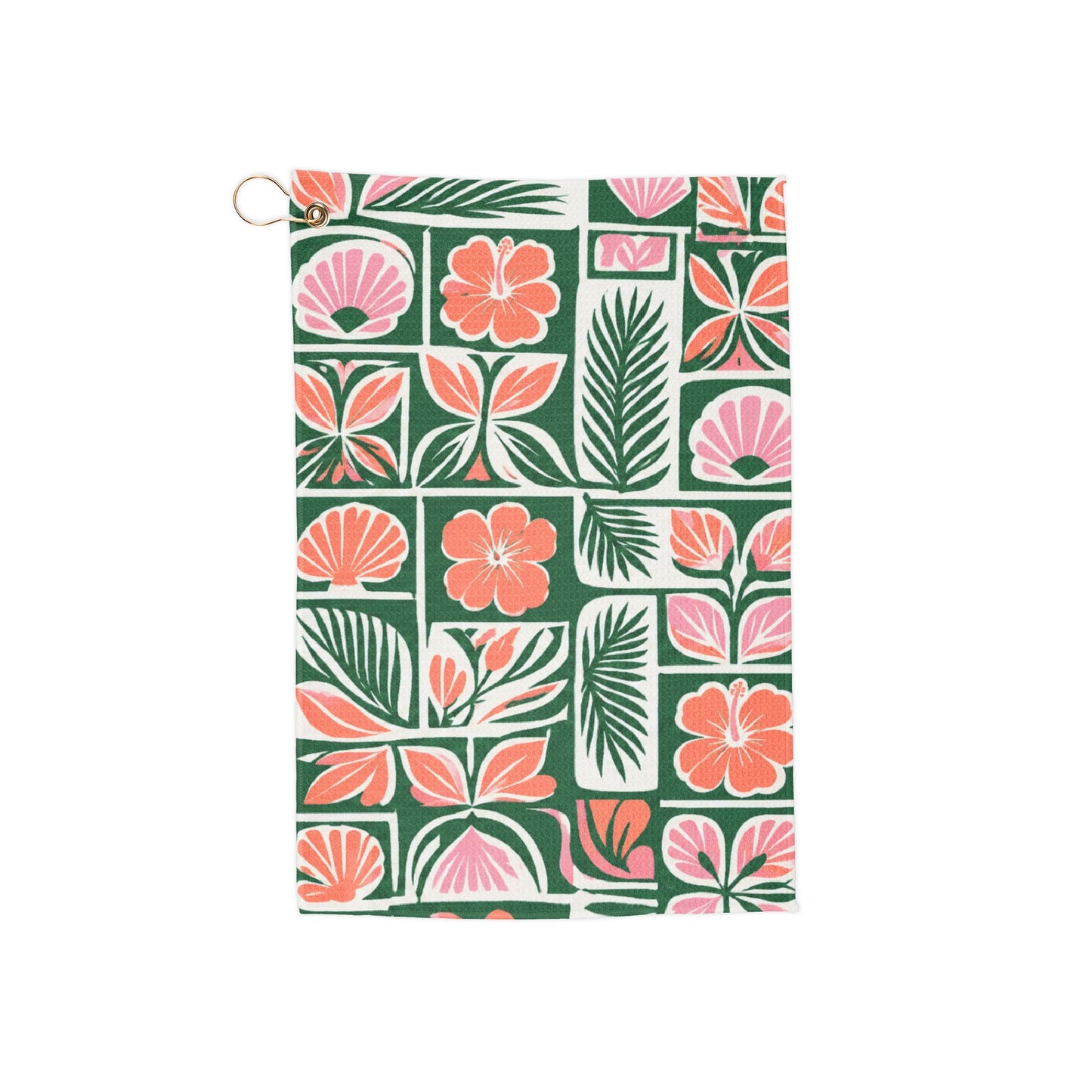 Tropical Tile Floral Golf Towel | Coral Pink Palm Pattern