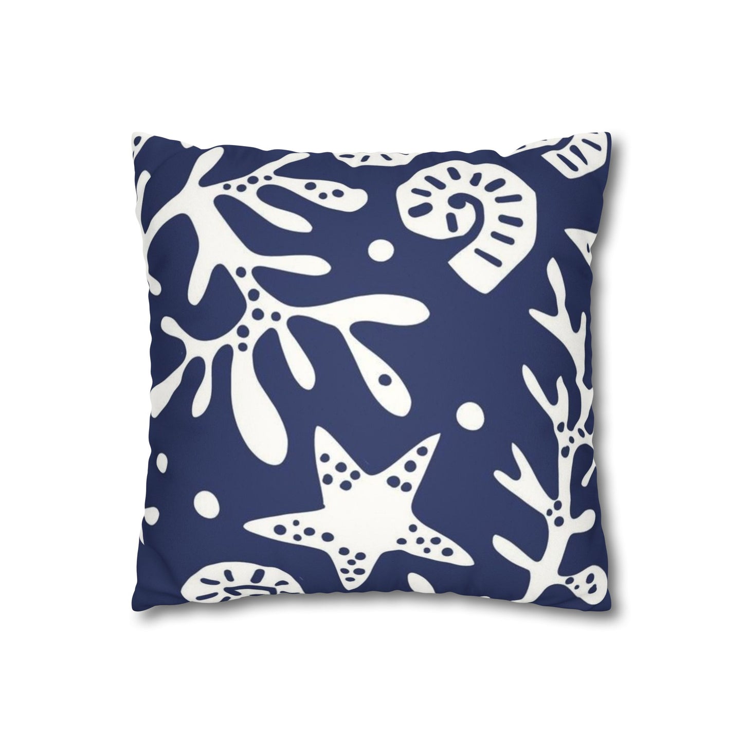 Navy Coastal Coral & Starfish Faux Suede Pillowcase - Square Decorative Throw Pillow Cover