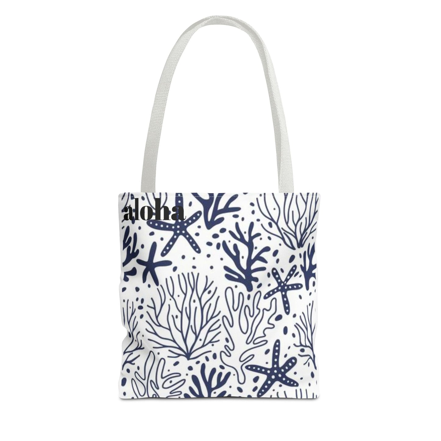 Navy Seashell & Starfish Tote Bag — Nautical Beach Pattern AOP Tote