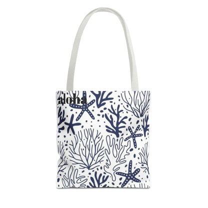 Navy Seashell & Starfish Tote Bag — Nautical Beach Pattern AOP Tote