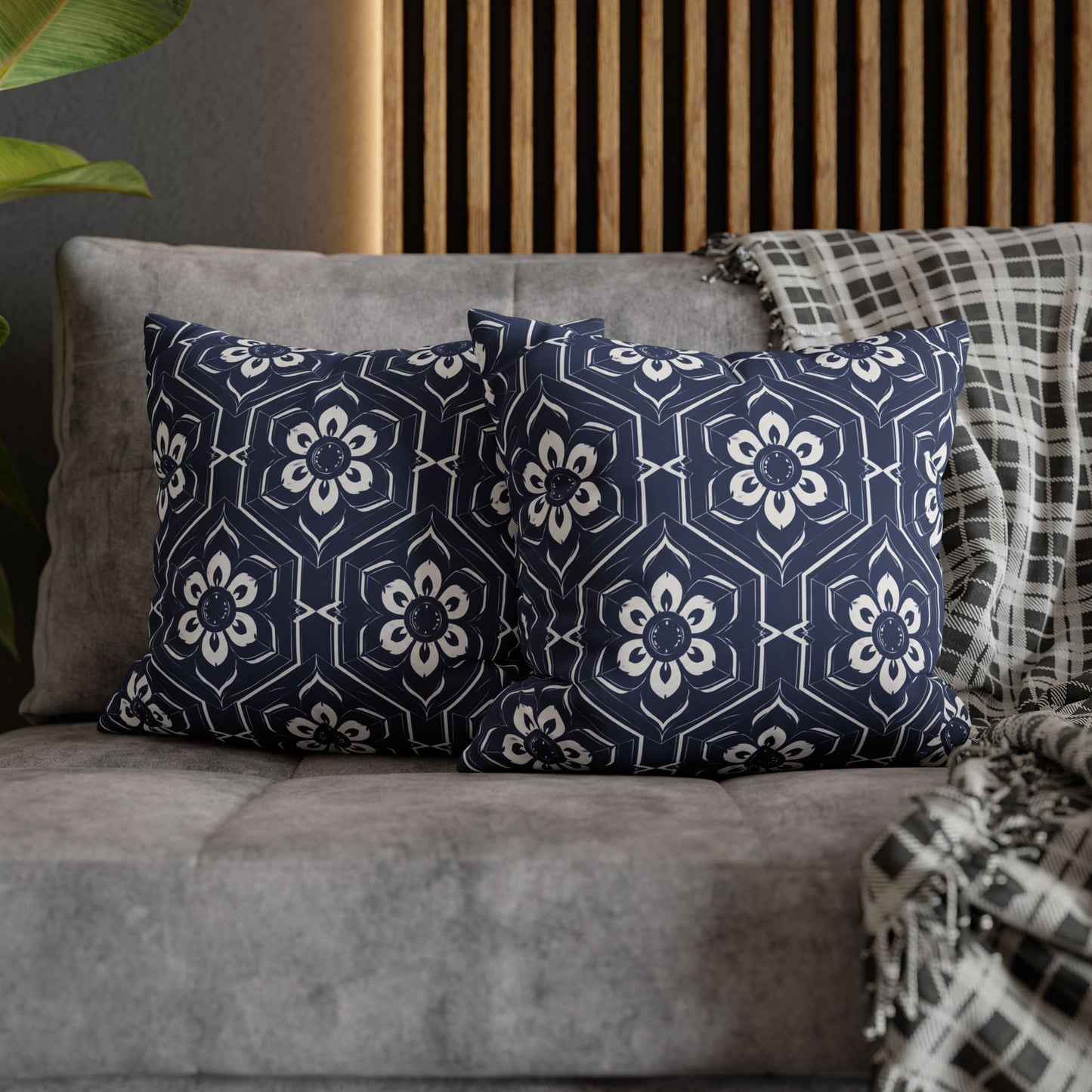 Navy Tile Floral Pillowcase — Square Decorative Throw Pillow Cover