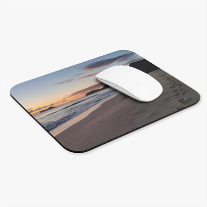 Sunset Beach Scene Mouse Pad | Coastal Waves, Sandy Footprints