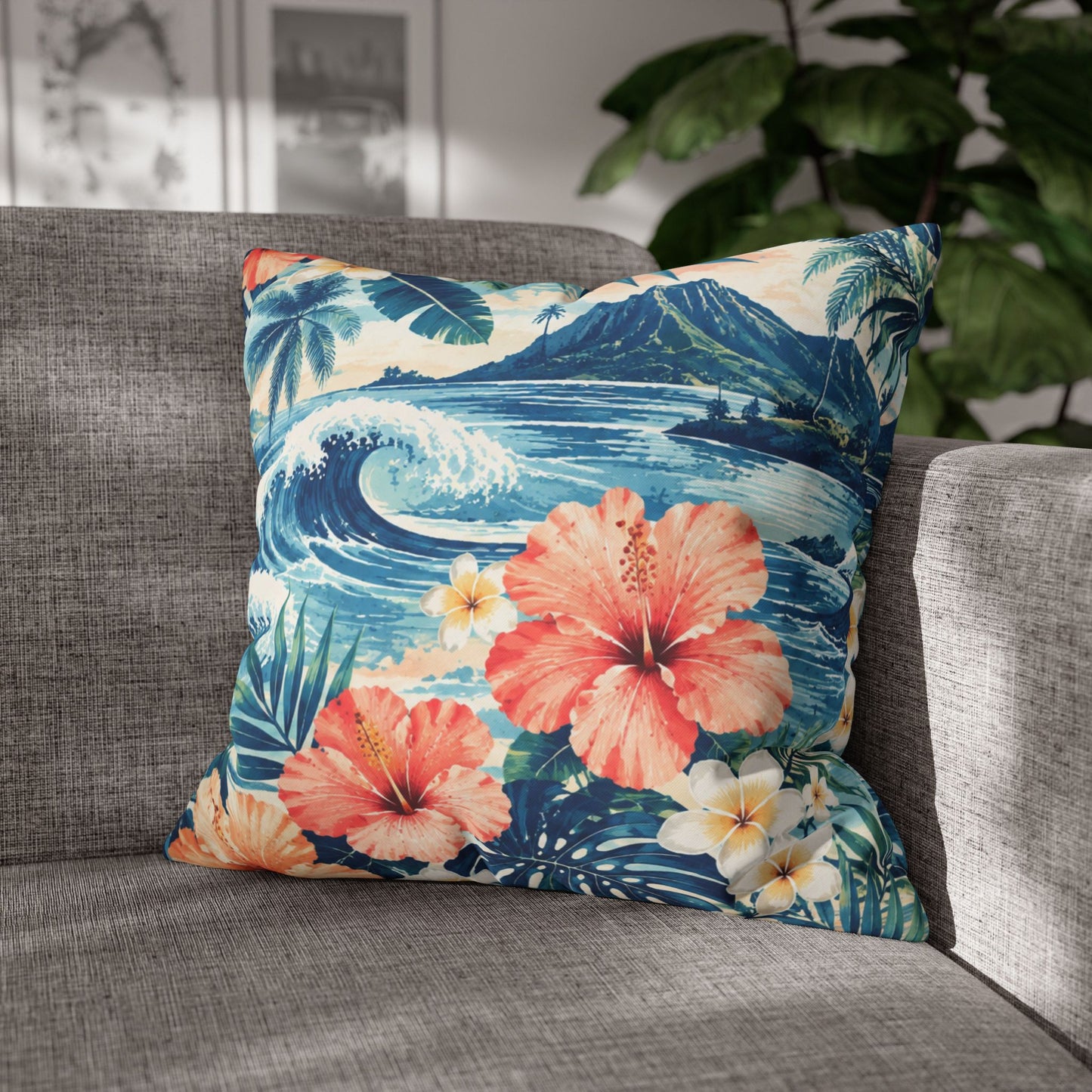 Tropical Hibiscus Wave Square Pillowcase | Hawaiian Floral Beach Print
