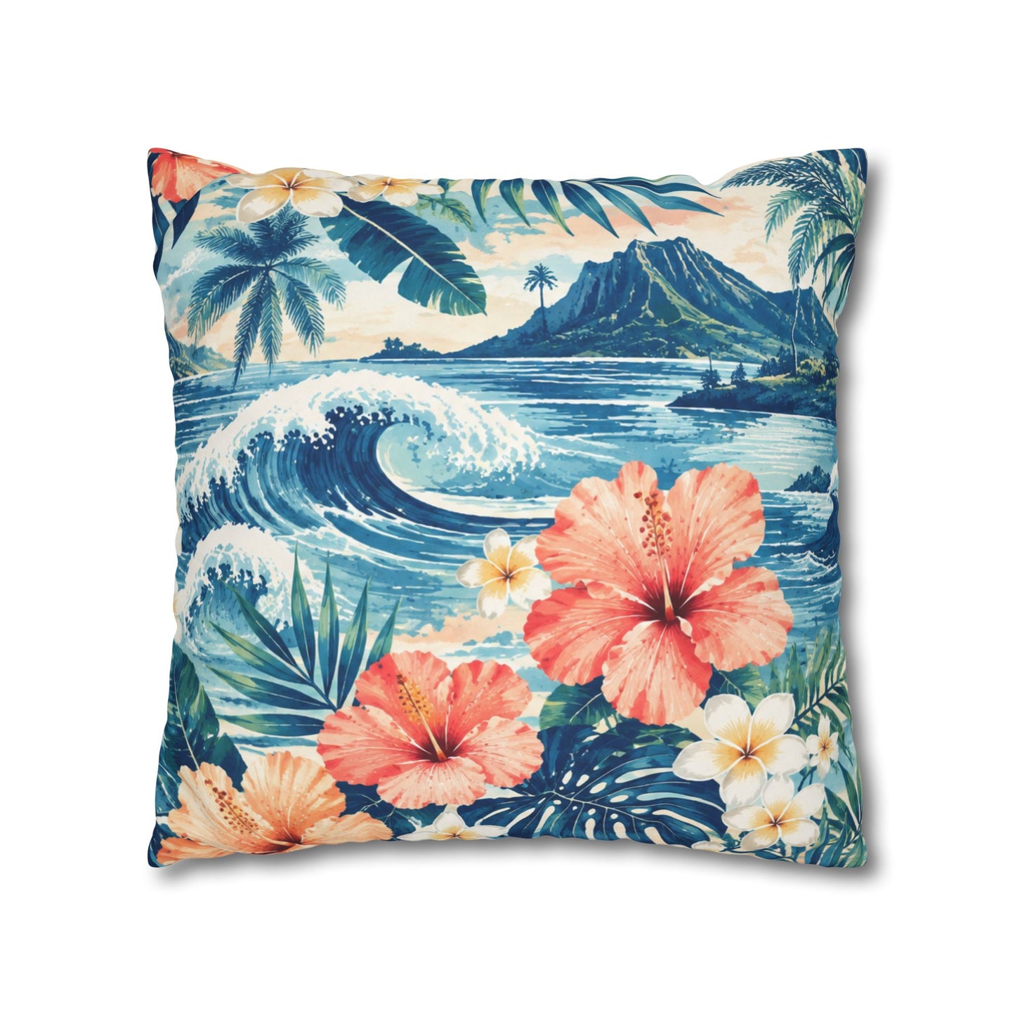 Tropical Hibiscus Wave Square Pillowcase | Hawaiian Floral Beach Print