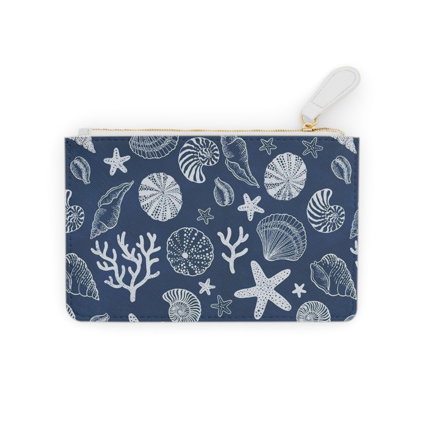 Navy Seashell Pattern Mini Clutch Bag | Coastal Beach Shells, Starfish, Coral
