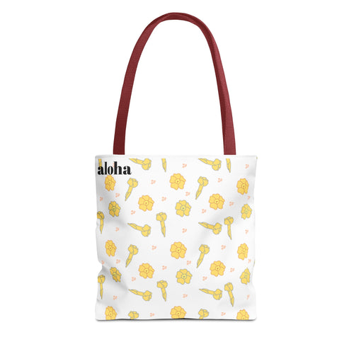 Aloha Floral Tote Bag – Yellow Hibiscus & Ukulele All-Over Print Beach Tote