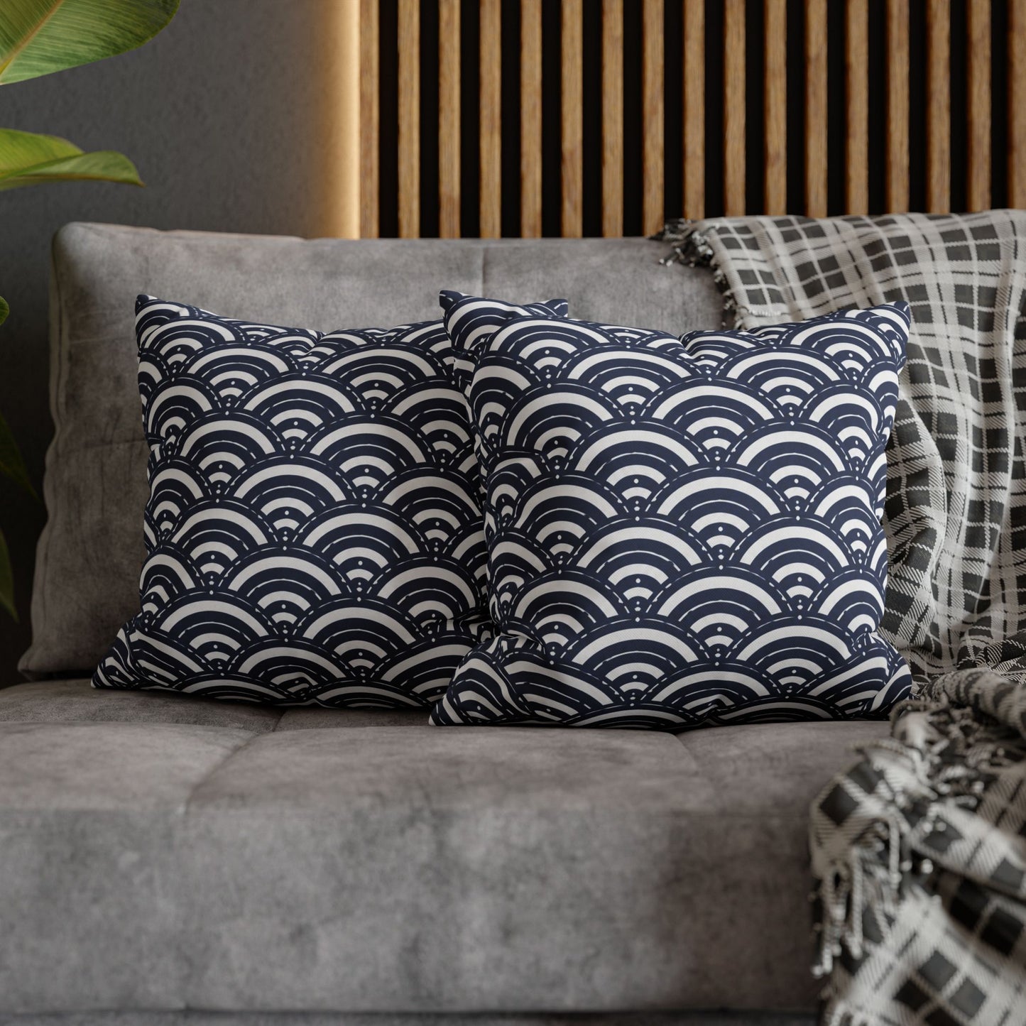Navy Scallop Pattern Square Pillowcase – Coastal Geometric Throw Pillow Cover