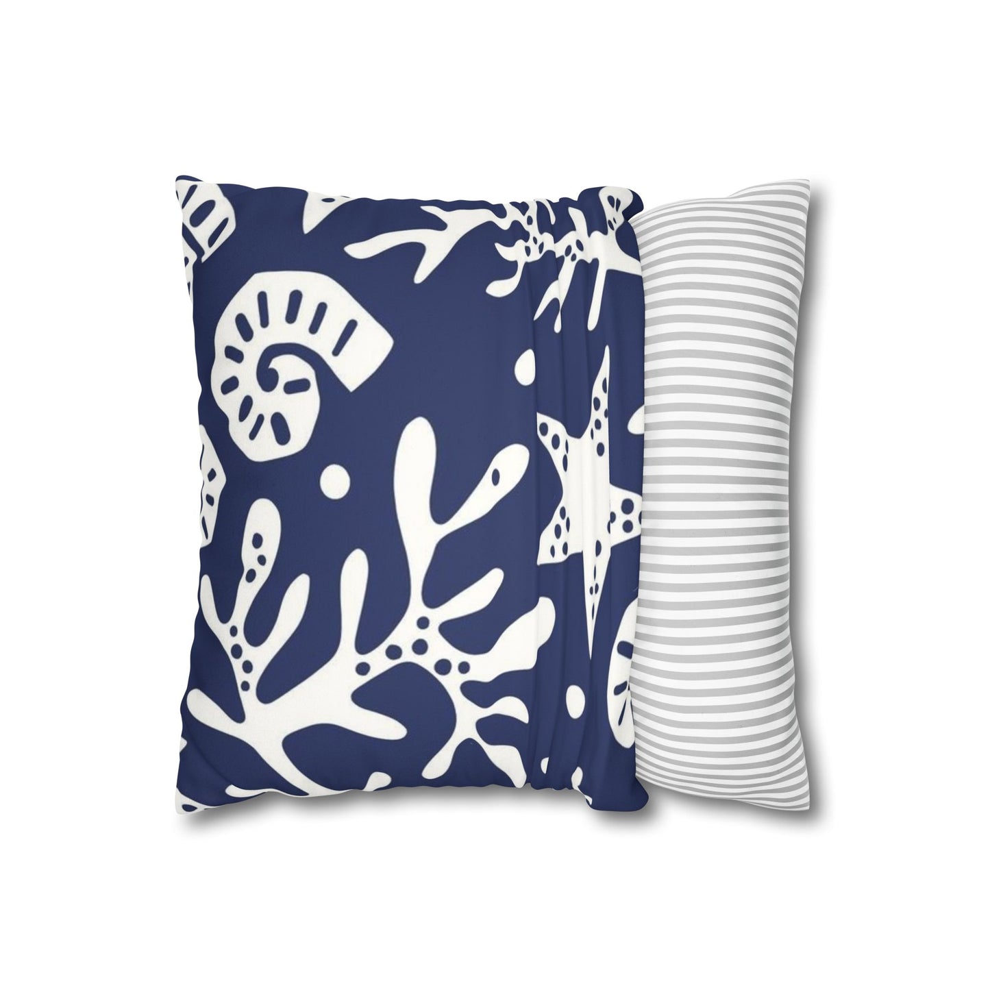 Navy Coastal Coral & Starfish Faux Suede Pillowcase - Square Decorative Throw Pillow Cover