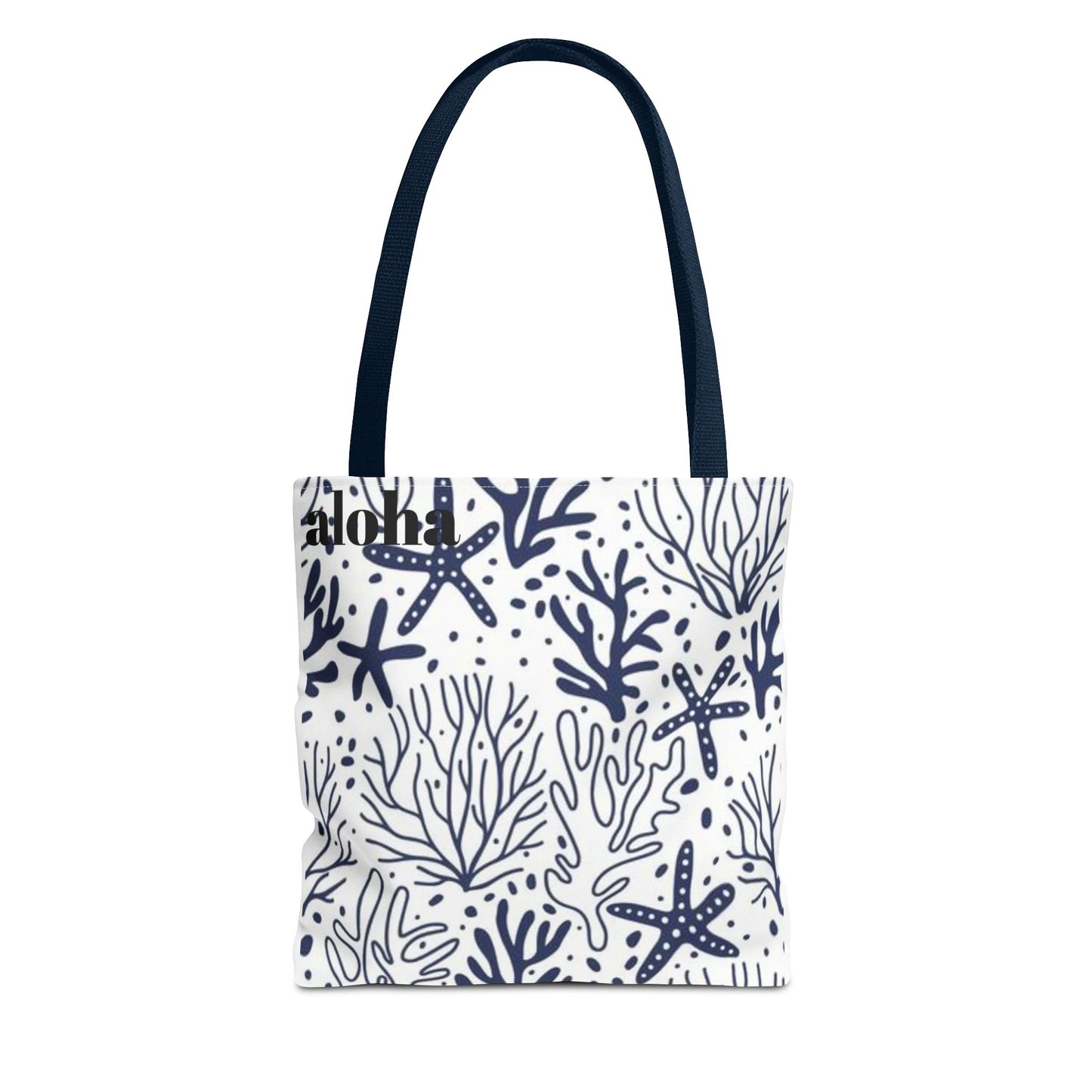 Navy Seashell & Starfish Tote Bag — Nautical Beach Pattern AOP Tote