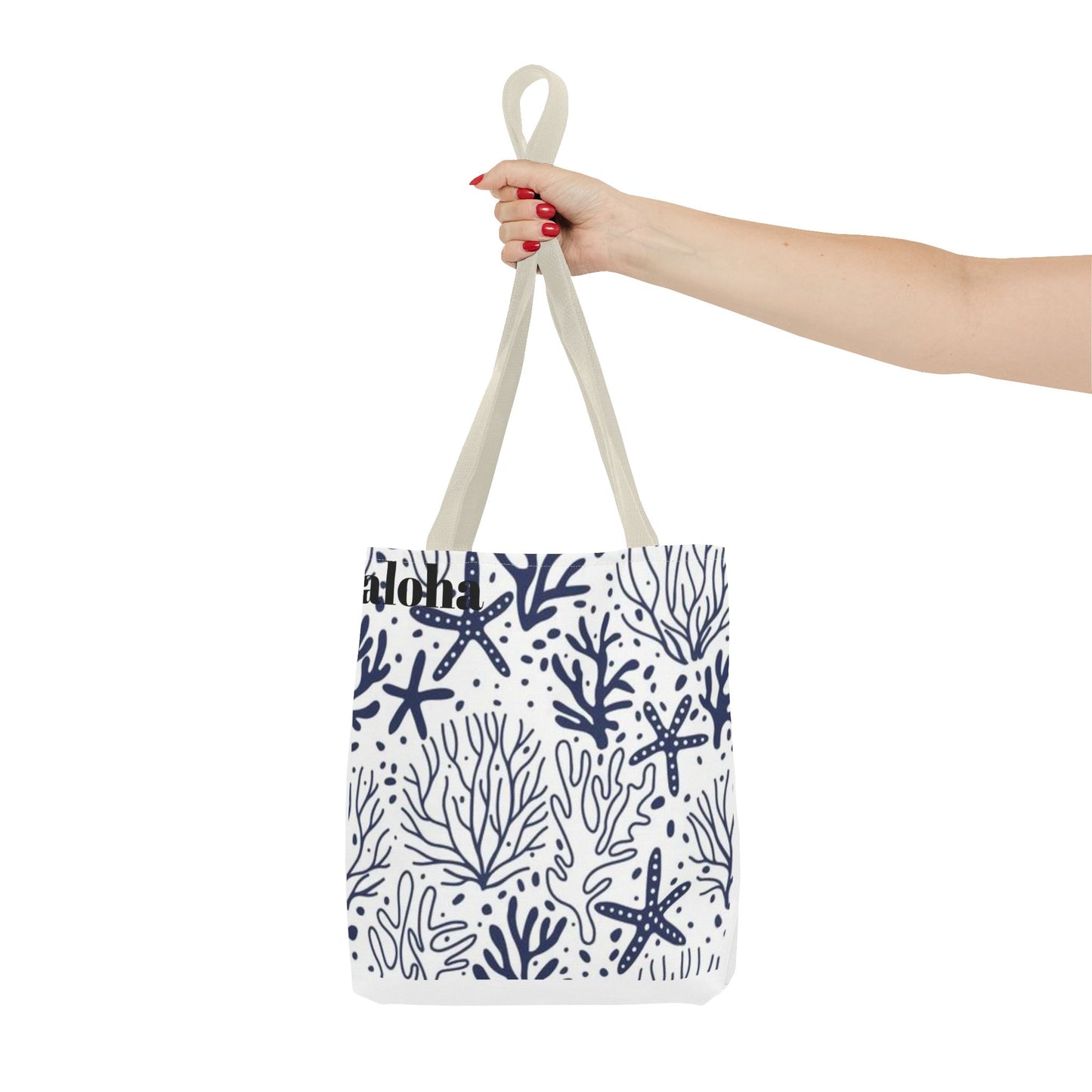 Navy Seashell & Starfish Tote Bag — Nautical Beach Pattern AOP Tote