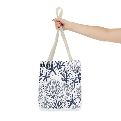 Navy Seashell & Starfish Tote Bag — Nautical Beach Pattern AOP Tote