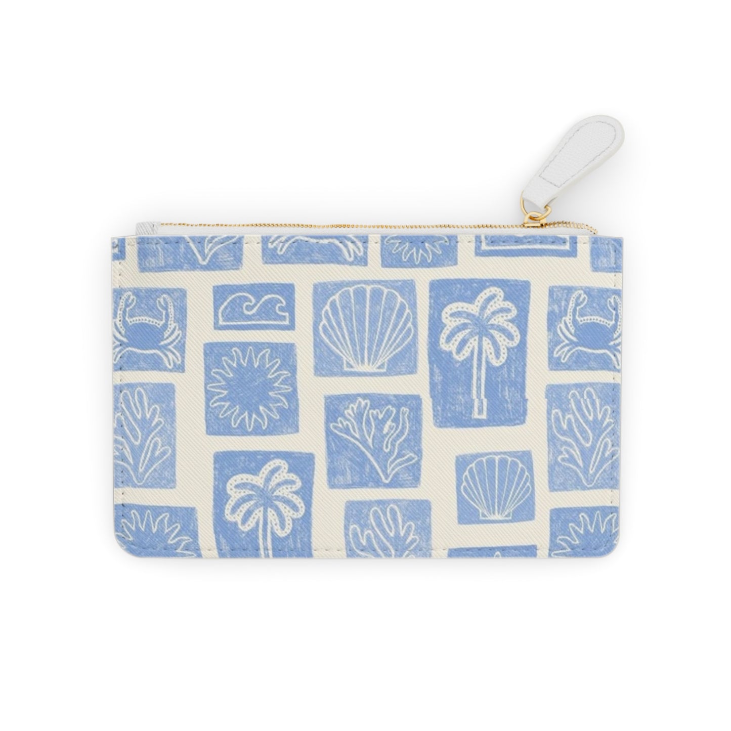 Blue Beach Motif Mini Clutch Bag | Seashell Palm Pattern, Summer Accessory